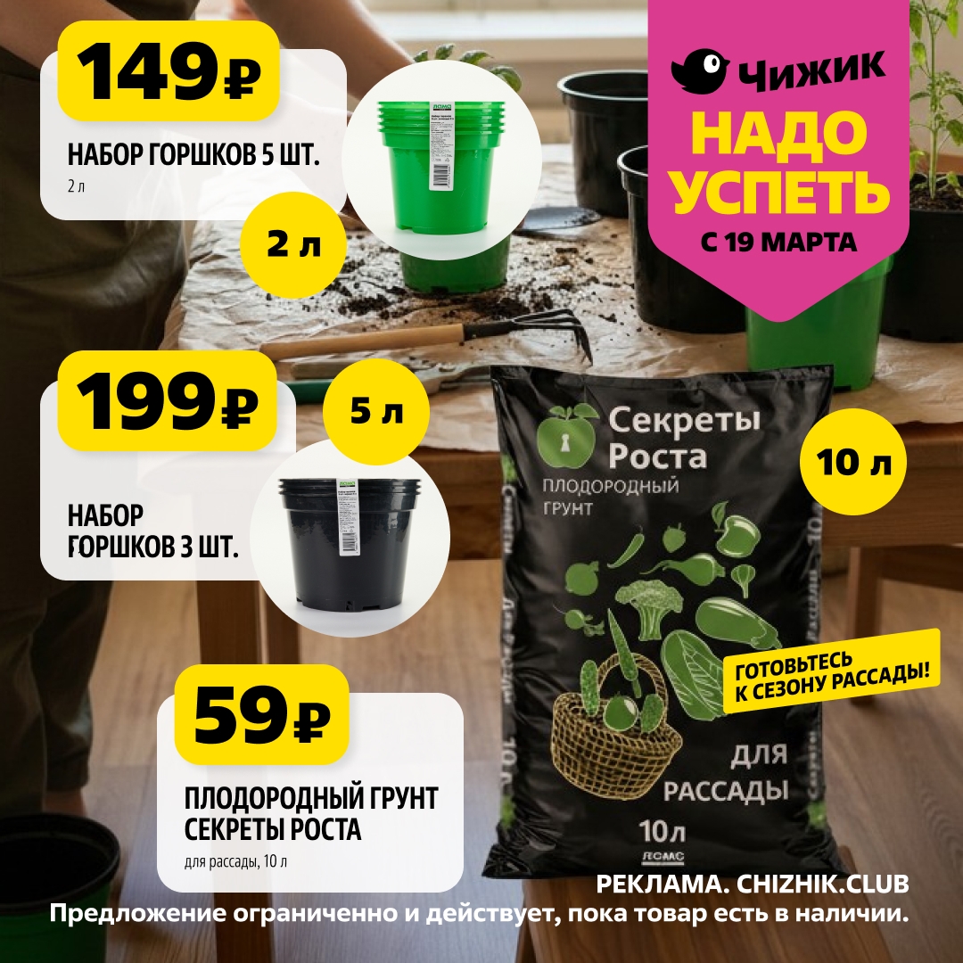 Набор горшков для рассады 149₽ и грунт 59₽ акция Чижик